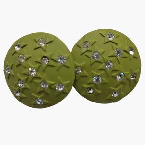 Green Star Button Earrings Rhinestones Pierced Posts Whimsy